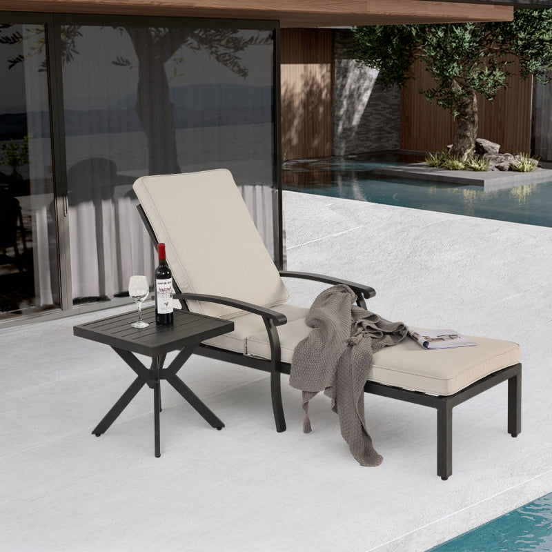 Lounge Patio Chair with Cotton Cushion, Adjustable Reclining Rust-Resistant Aluminum  Poolside Chaise Lounge Furniture, Waterproof Beige Cushion (1pc)