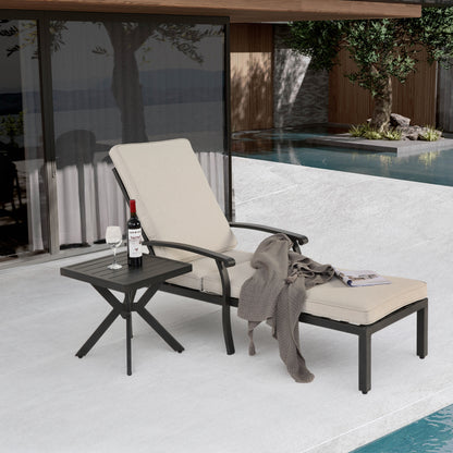 Lounge Patio Chair with Cotton Cushion, Adjustable Reclining Rust-Resistant Aluminum  Poolside Chaise Lounge Furniture, Waterproof Beige Cushion (1pc)