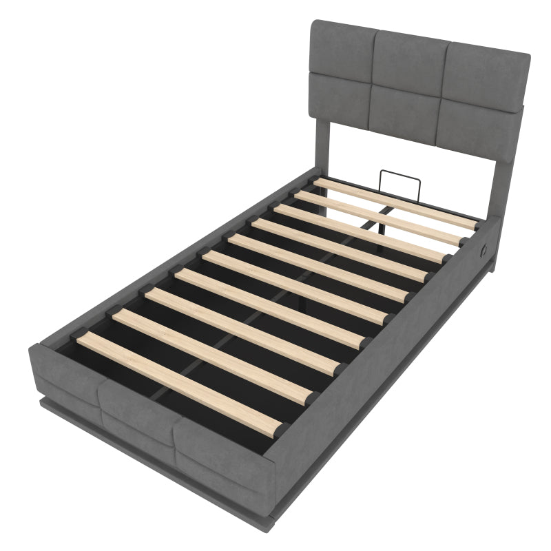 90x200 cm Modernes Velours-Polsterbett mit höhenverstellbarem Kopfteil - Inkl. USB/Type-C-Anschlüssen, LED-Ambientebeleuchtung, hydraulischem Lift-System & XXL-Stauraum (ohne Matratze) - Gray