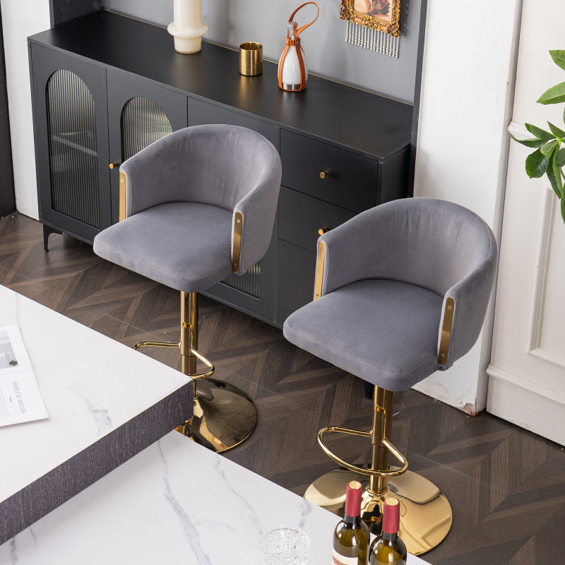 Modern rotatable height adjustable bar stools, modern bar stools for kitchen, bar, and restaurant counters, lift stools with middle backrest and gold footrest (Grau Set of 2)