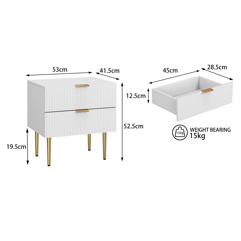 Weißer Nachttisch mit Wellenmuster und 2 Schubladen, Schlafzimmer-Nachttisch, moderner Nachttisch mit Metallbeinen, 1 Stück