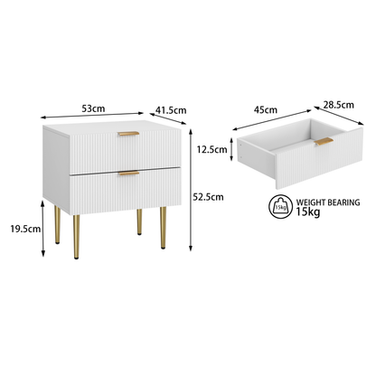 Weißer Nachttisch mit Wellenmuster und 2 Schubladen, Schlafzimmer-Nachttisch, moderner Nachttisch mit Metallbeinen, 1 Stück