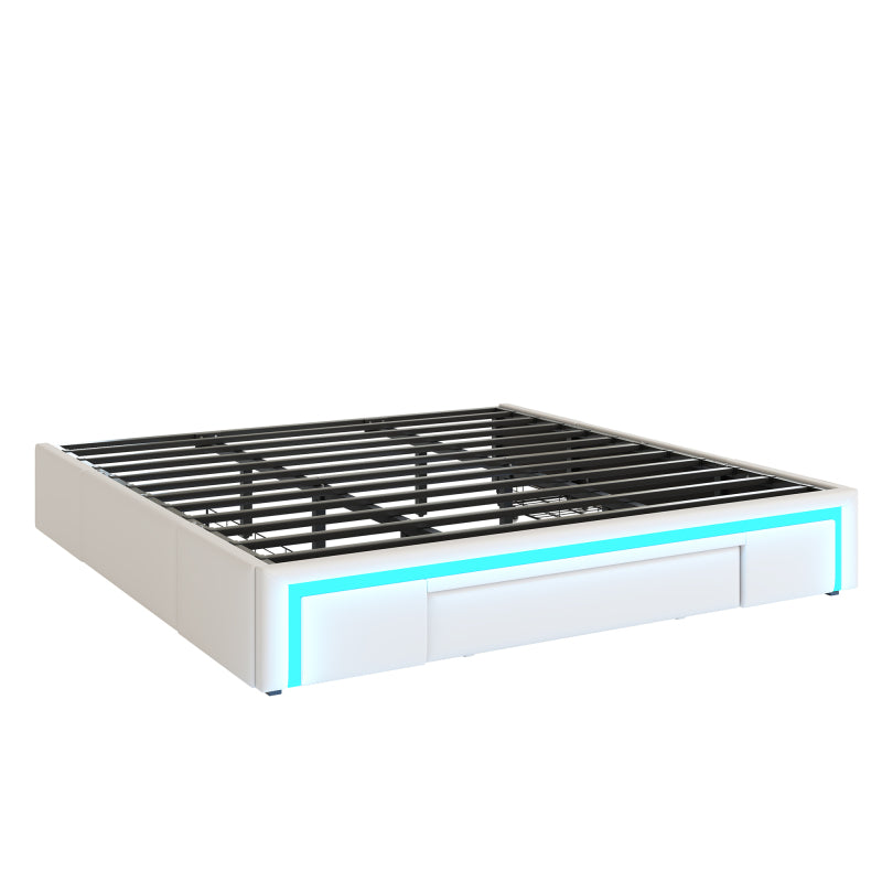 Bettgestell 180X200 mit Schubladen, PU-Leder Bett ohne Kopfteil Mit LED-Lichtleiste, MetalllattenPlattformbett für moderne Schlafzimmer Beige