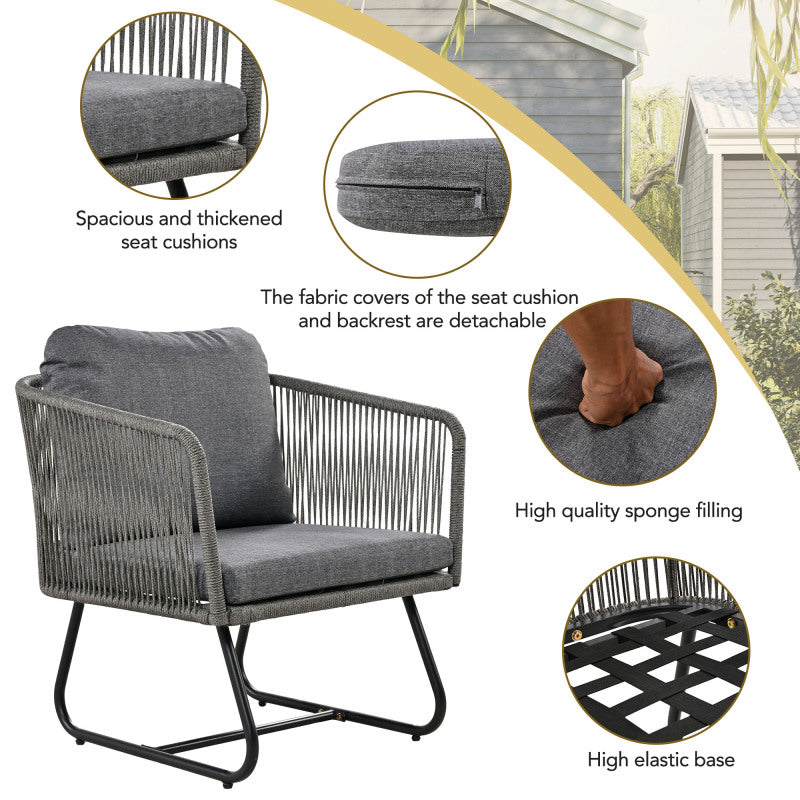 Garten-Lounge-Set mit Rahmen aus verzinktem Eisen, Gartenmöbel-Set aus Seil, graues Seil, verstellbare Füße, Tischplatte aus glattem Glas, 5er-Set, inklusive aller Sitz- und Rückenkissen
