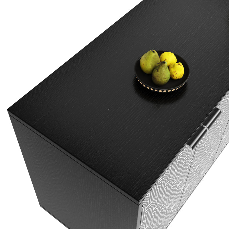 Esszimmerschrank (120×35×78cm), Esszimmer- und Wohnzimmer-Aufbewahrungsschrank, einzigartiges Schranktürdesign, freistehender Schrank, Antidumping, Fischgrätenmuster, geschnitzte Tür, schwarz