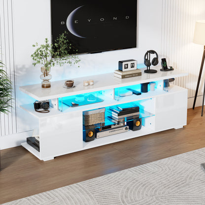 Moderner Low-Panel-Hochglanz-TV-Ständer mit LED-Beleuchtung, TV-Panel, TV-Glasschrank für 60-Zoll-Fernseher, Tische, universelle Gaming-Medienständer, Stauschränke und große Stauräume, Reinweiß