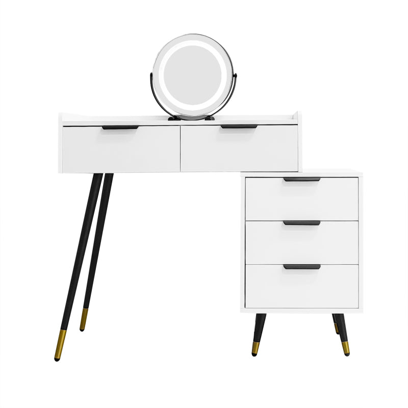 Weißer Schminktisch(Ohne Stühle), Enthält ausziehbare Seitenschränke, mit Spiegel einstellbare Helligkeit, mit 5 Schubladen, Großer Frisierkommode Schlafzimmermöbel Vanity, Weiß