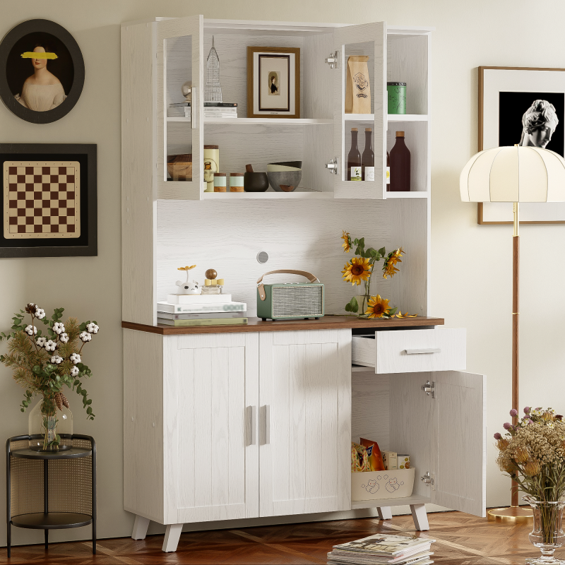 Sideboard, Weißer Holzmaserung-Hochschrank 114 x 40 x 190 cm, geeignet für Wohnzimmer und Esszimmer