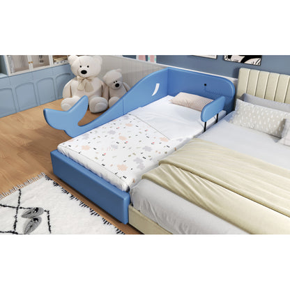 Kinder-Spleißbett, Polsterbett, Tagesbett, Walförmiges Design, Schlafsofa mit Metallbettgestell, 2 Schubladen auf Rollen, PU+MDF+Sperrholz, Blau, 90x200cm