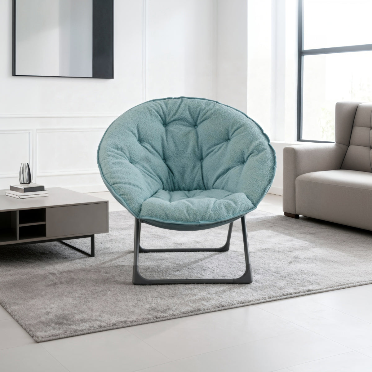 Klappbarer Moon Chair Schafwolle-Bezug, XXL, Traglast 110 kg, Platzsparend, Blue
