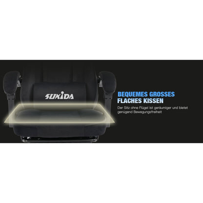 Gaming Stuhl Stoff, Ergonomischer Gaming Chair mit Fußstütze, Verstellbarer Racing Computerstuhl mit Lordosenstütze, Schwarz Ergonomisch PC-Stuhl