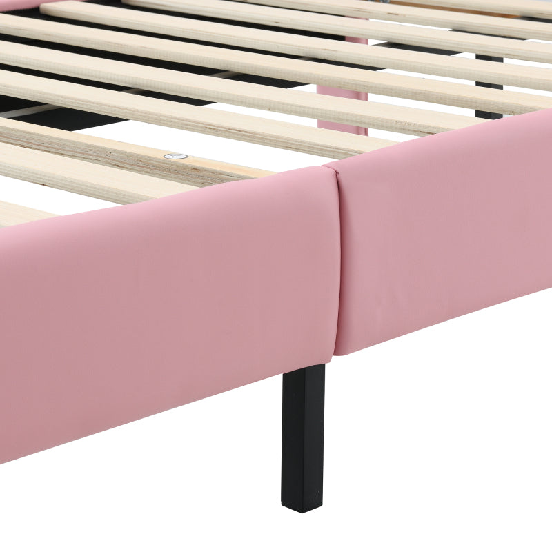 Polsterbett, Einzelbett, Wellenform mit Zugpunkt am Kopfende des Bettes, rosa Schleife, mit mehrfarbigen, wechselnden LED-Streifen, Kinderbett mit Holzlatten, Einzelbett, PU, rosa Bettrahmen, 90x200cm