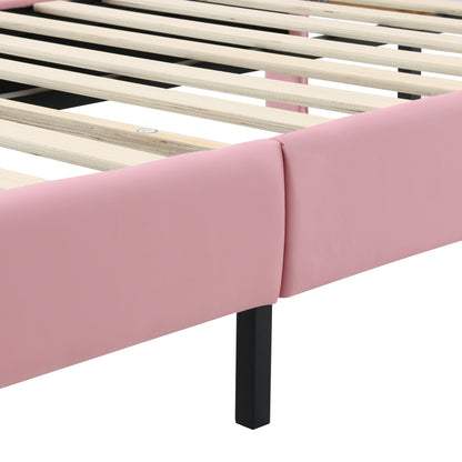 Polsterbett, Einzelbett, Wellenform mit Zugpunkt am Kopfende des Bettes, rosa Schleife, mit mehrfarbigen, wechselnden LED-Streifen, Kinderbett mit Holzlatten, Einzelbett, PU, rosa Bettrahmen, 90x200cm