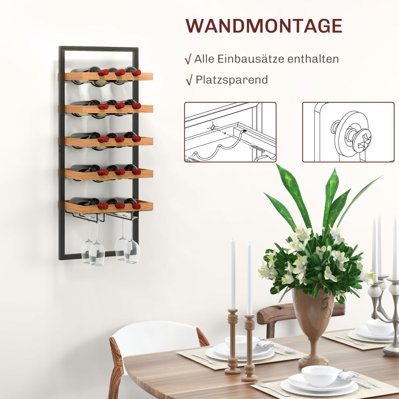 Weinregal wandmontierbar mit 5 Ebenen, Weinständer für 15 Flaschen und 4 Gläser, Kiefernholz, Stahl, für Küche Esszimmer Bar, Braun