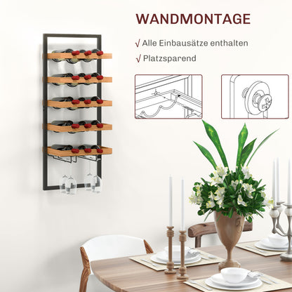 Weinregal wandmontierbar mit 5 Ebenen, Weinständer für 15 Flaschen und 4 Gläser, Kiefernholz, Stahl, für Küche Esszimmer Bar, Braun