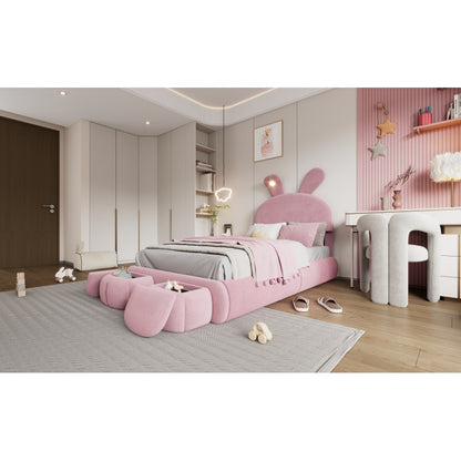 Polsterbett, Einzelbett, Hasenohren mit einstellbarer Helligkeit warmfarbenen Lichtstreifen, mit zwei Aufbewahrungshockern, Kinderbett mit Holzlatten, Samt, Rosa, 90x200cm