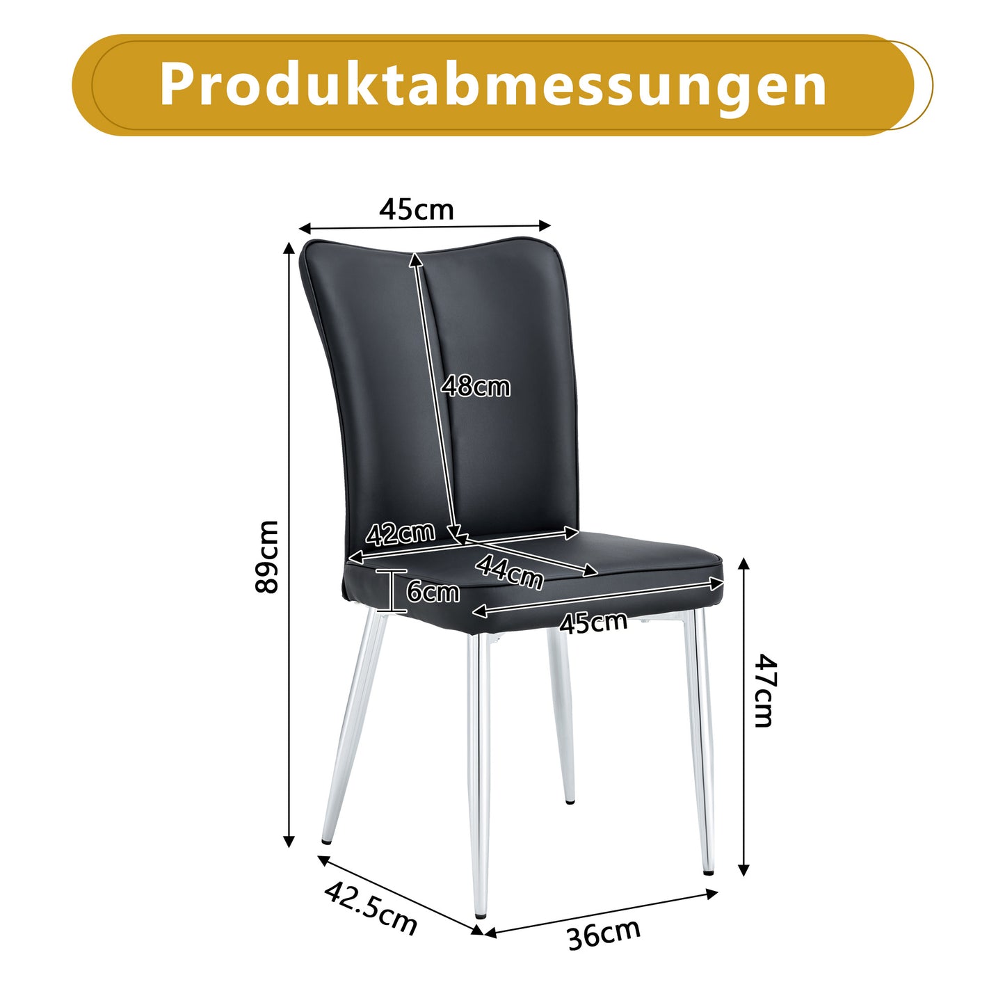 Esszimmerstuhl 2er Set Schwarz PU Leder Modernes Design 89 cm Hoch Silberfarbene Metallbeine Mehrfarbig Erhältlich Bequeme Stühle für Büro und Restaurant