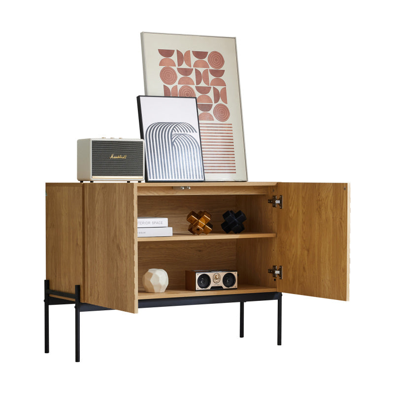 Sideboard mit 2 Türen und Metallbeinen, Buffet, Kommode mit Linien-Design, Maße: H 75 cm / B 100 cm / T 40 cm