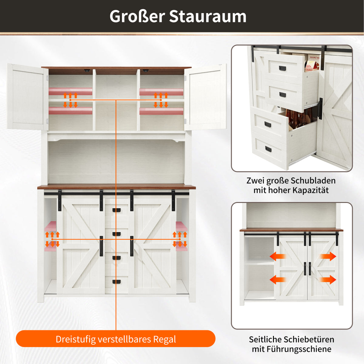Küchenschrank 115x40x175cm hohes Sideboard Weiß mit App-LED-Beleuchtung, X-Design Schiebetüren, 2 Schubladen & Magnetklappen, Küchenbuffet