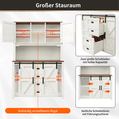 Küchenschrank 115x40x175cm hohes Sideboard Weiß mit App-LED-Beleuchtung, X-Design Schiebetüren, 2 Schubladen & Magnetklappen, Küchenbuffet