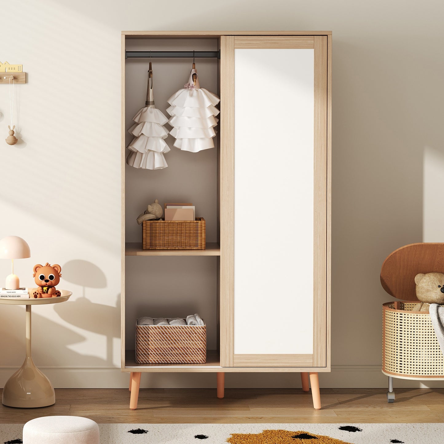 Kinder Kleiderschrank, Schiebetürenschrank mit Kleiderstange, Spanplatten Material, Vollholz-Standfüße, weiß+natürliches Holz