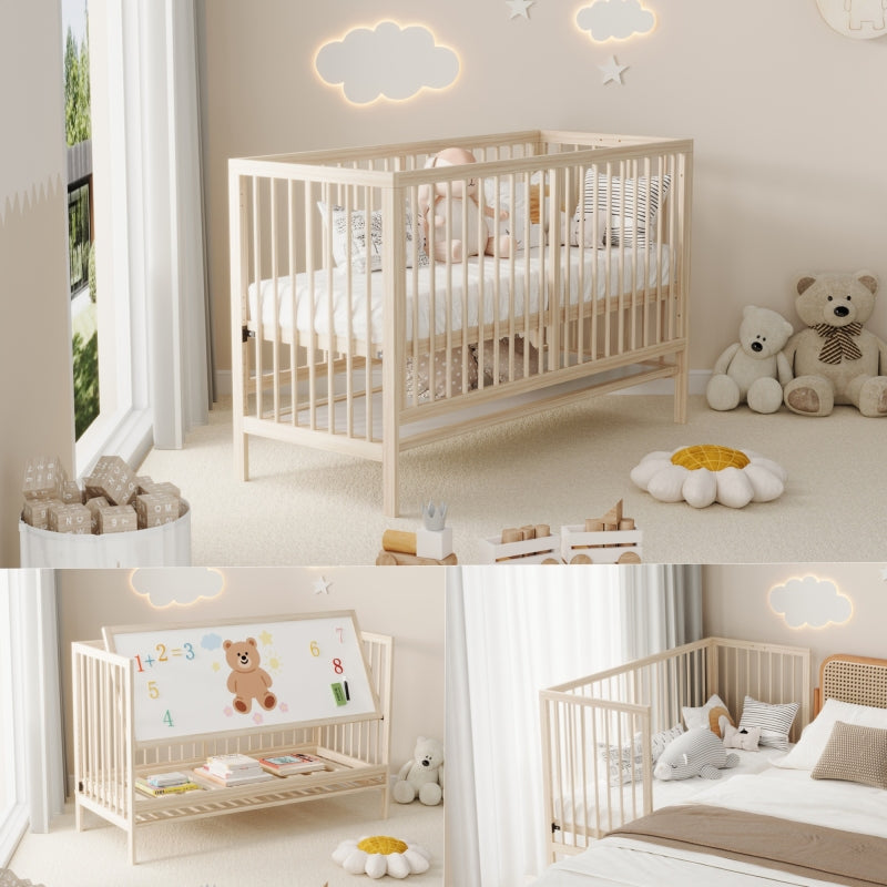 Holz Babybett, umwandelbar in Nebenbett / Malerbrettständer / Schreibtisch, höhenverstellbar, ohne Matratze, aus Fichte, naturfarben, 140x60x90cm