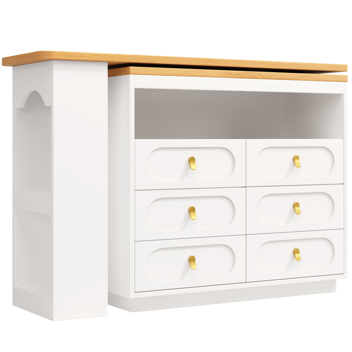 Bartisch ausziehbar 138-203cm, 360° drehbarer Stehtisch mit 6 Schubladen & Snack-Regal, moderner Küchentisch, Schreibtisch & Bar, Weiß