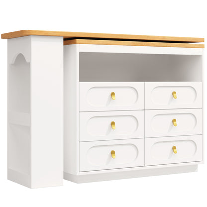 Bartisch ausziehbar 138-203cm, 360° drehbarer Stehtisch mit 6 Schubladen & Snack-Regal, moderner Küchentisch, Schreibtisch & Bar, Weiß