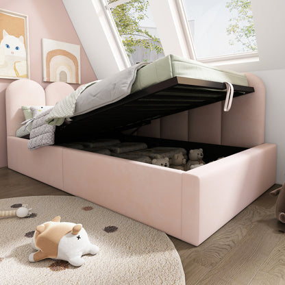 Polsterbett Daybett,Tagesbett Schlafsofa mit hydraulischem Stauraum, Kinderbett mit Metall-Lattenrost, Samt, Rosa, ohne Matratze