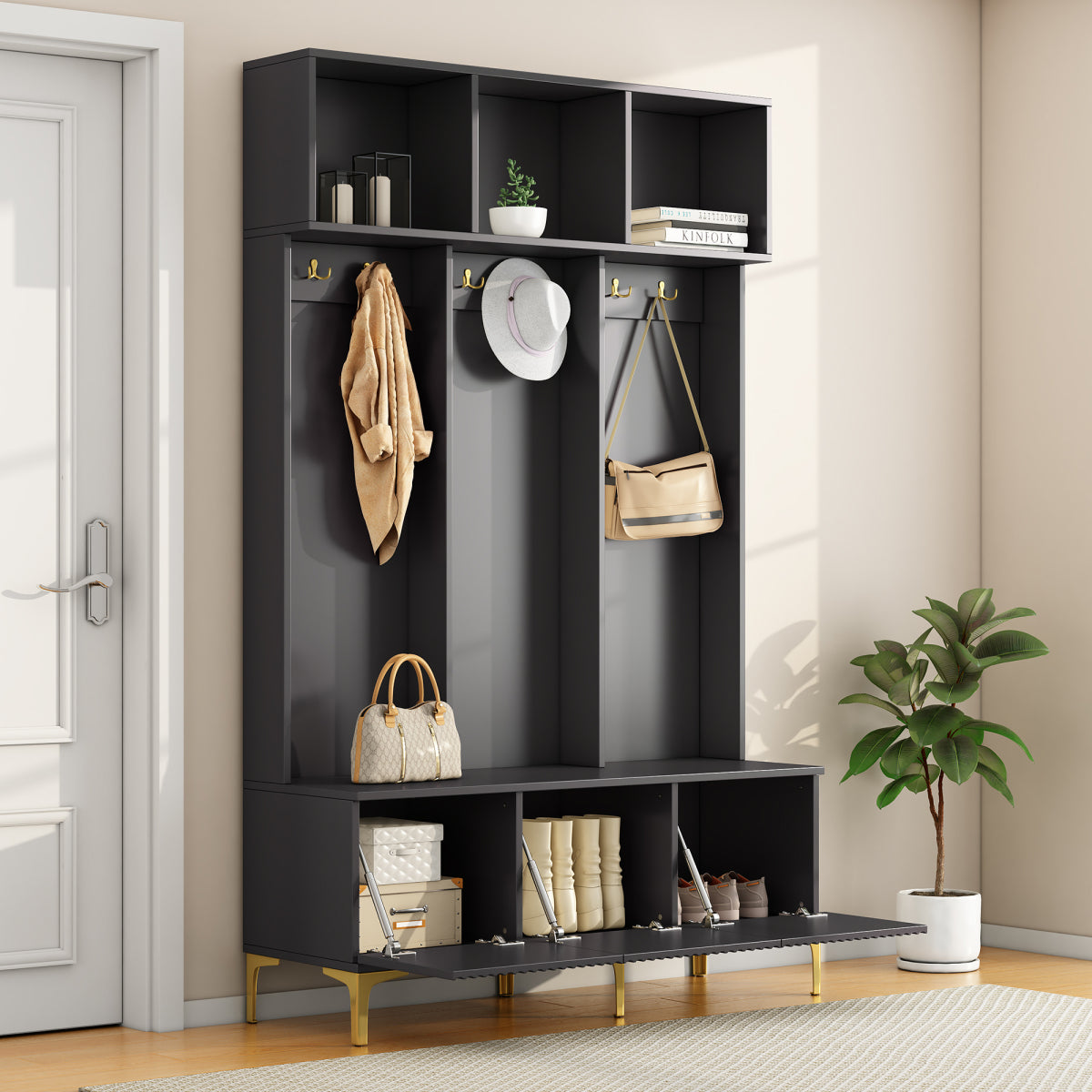 Garderoben-Set mit Sitzbank, Schuhschrank & goldenen Details, Flurbaum aus Metall & Spanplatte, Schwarz, 120x191,5x23,5 cm