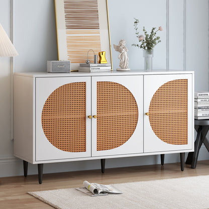 Sideboard mit 3 Rattan verzierten Türen Kommode Highboard mit Metallgriffe, für Schlafzimmer & Wohnräume & Büro, Weiß,129.8x 40x 76cm