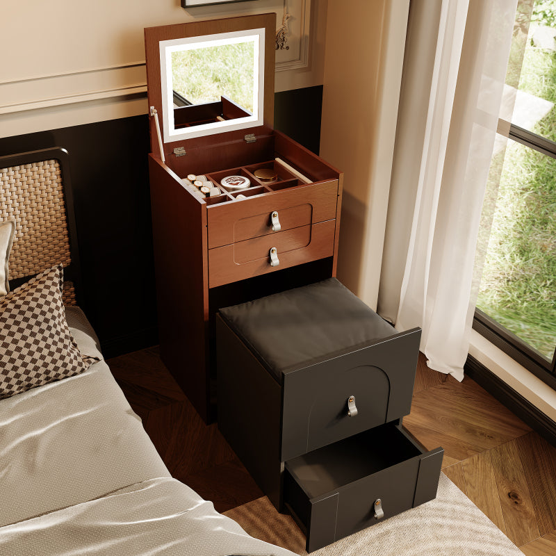 Schminktisch(Enthält Make-up-Hocker), Multifunktionaler Aufbewahrungshocker Nachttisch, mit Spiegel und LED-Beleuchtung, mit 3 Schubladen, schwarz+braun