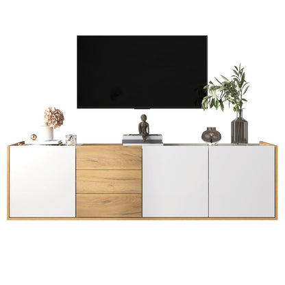 TV-Schrank, niedriges Paneel in Weiß und Holzfarben, TV-Möbel, die an die Wand gehängt oder auf den Boden gestellt werden können