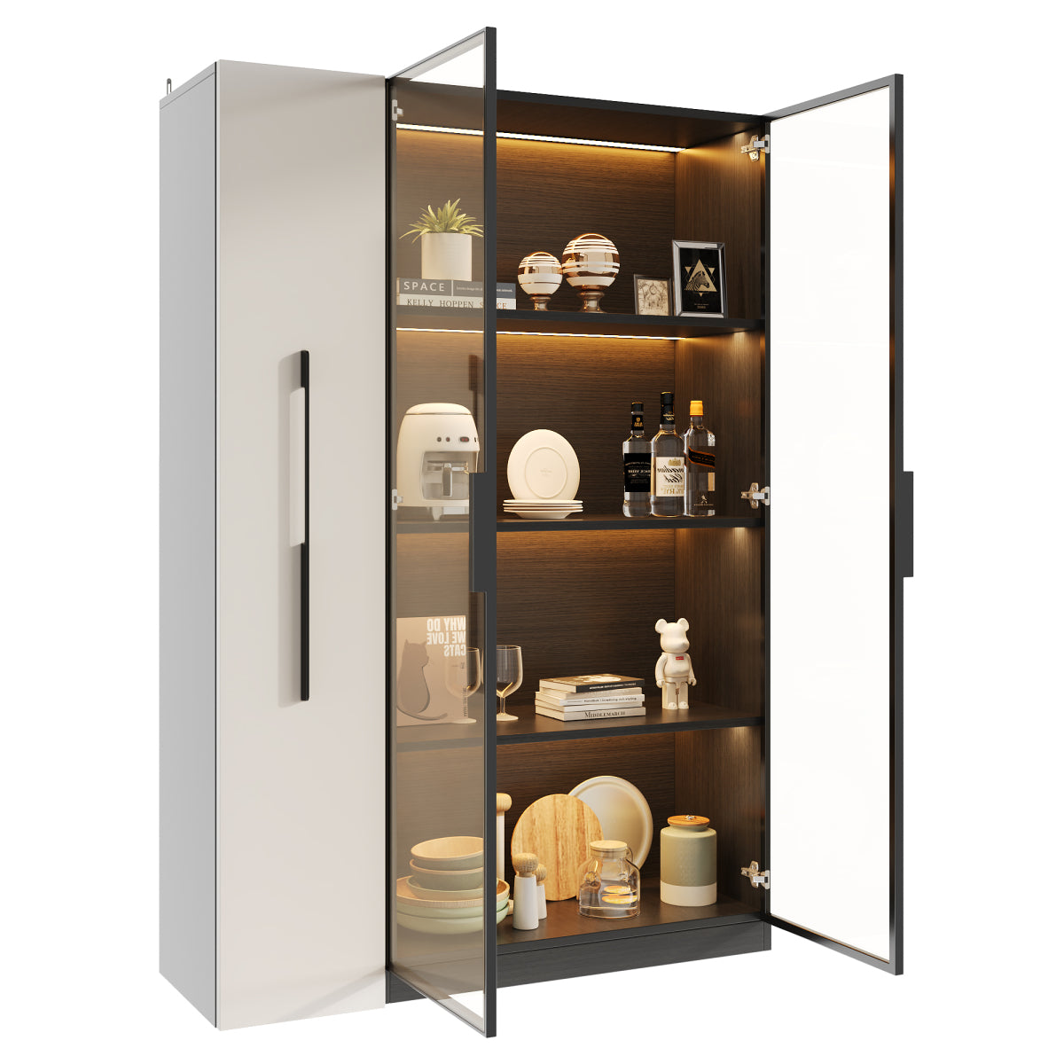 Multifunktionsschrank 110,5x35x160cm Vitrine mit LED-Beleuchtung, Seitenauszug & Glastür – Moderner Hochschrank in Schwarz-Weiß