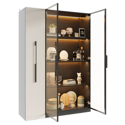 Multifunktionsschrank 110,5x35x160cm Vitrine mit LED-Beleuchtung, Seitenauszug & Glastür – Moderner Hochschrank in Schwarz-Weiß