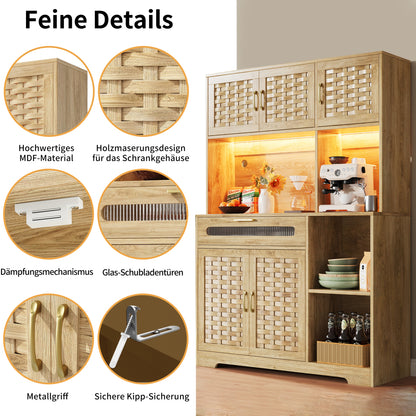 Hochschrank 120x40x180cm Vitrine mit LED-App-Steuerung & Musikmodus, Küchenschrank Natur Holzoptik, MDF-Geflecht & Glastüren
