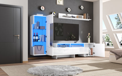 TV Wohnwand Set 3-teilig Weiß Hochglanz mit LED-Beleuchtung, TV-Schrank stehend und hängend, für Fernseher bis 70 Zoll