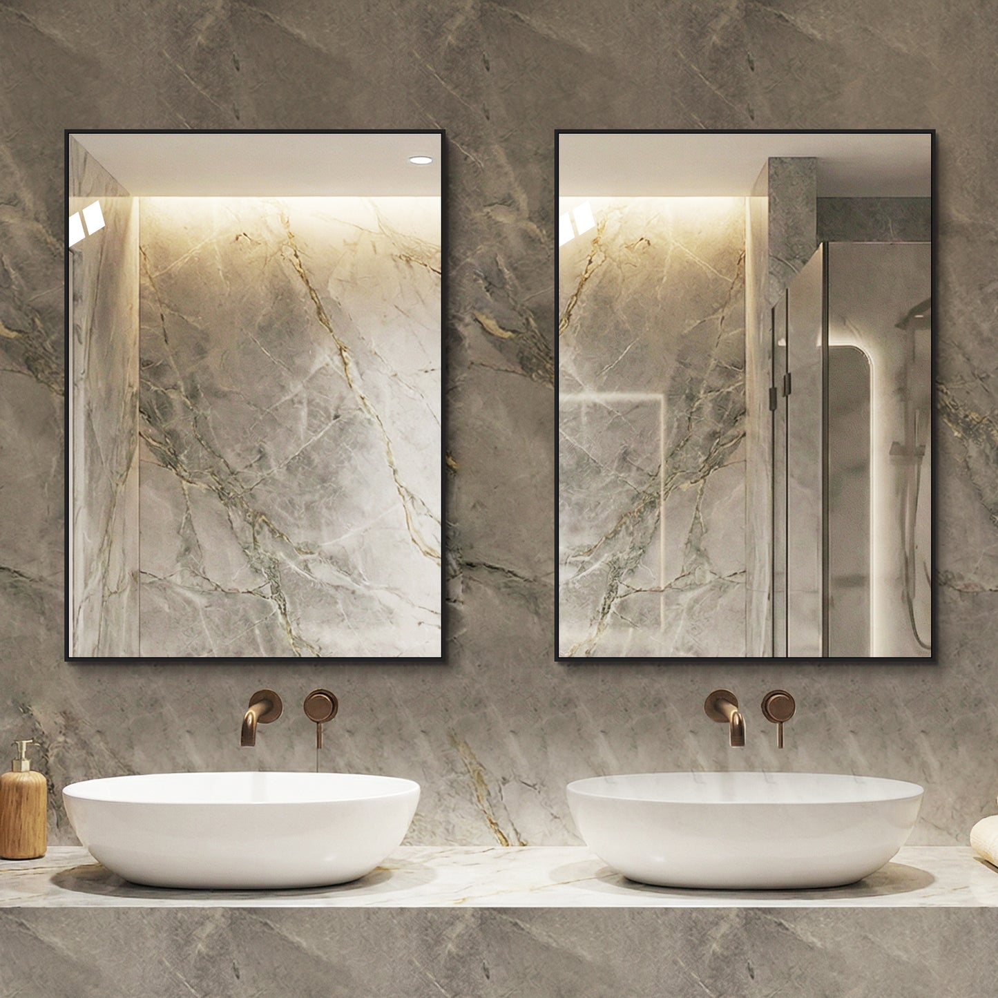 70x90 cm Badezimmerspiegel mit schwarzem Aluminiumrahmen, kupferfreier HD-Spiegel, horizontal & vertikal montierbar für Bad, Flur & Ankleidezimmer