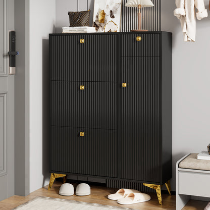 Schuhschrank mit 3 Klappen, 1 Schublade und 1 Tür, Schuhregal, Schuhkipper schmal, Schuhschrank Schwarz