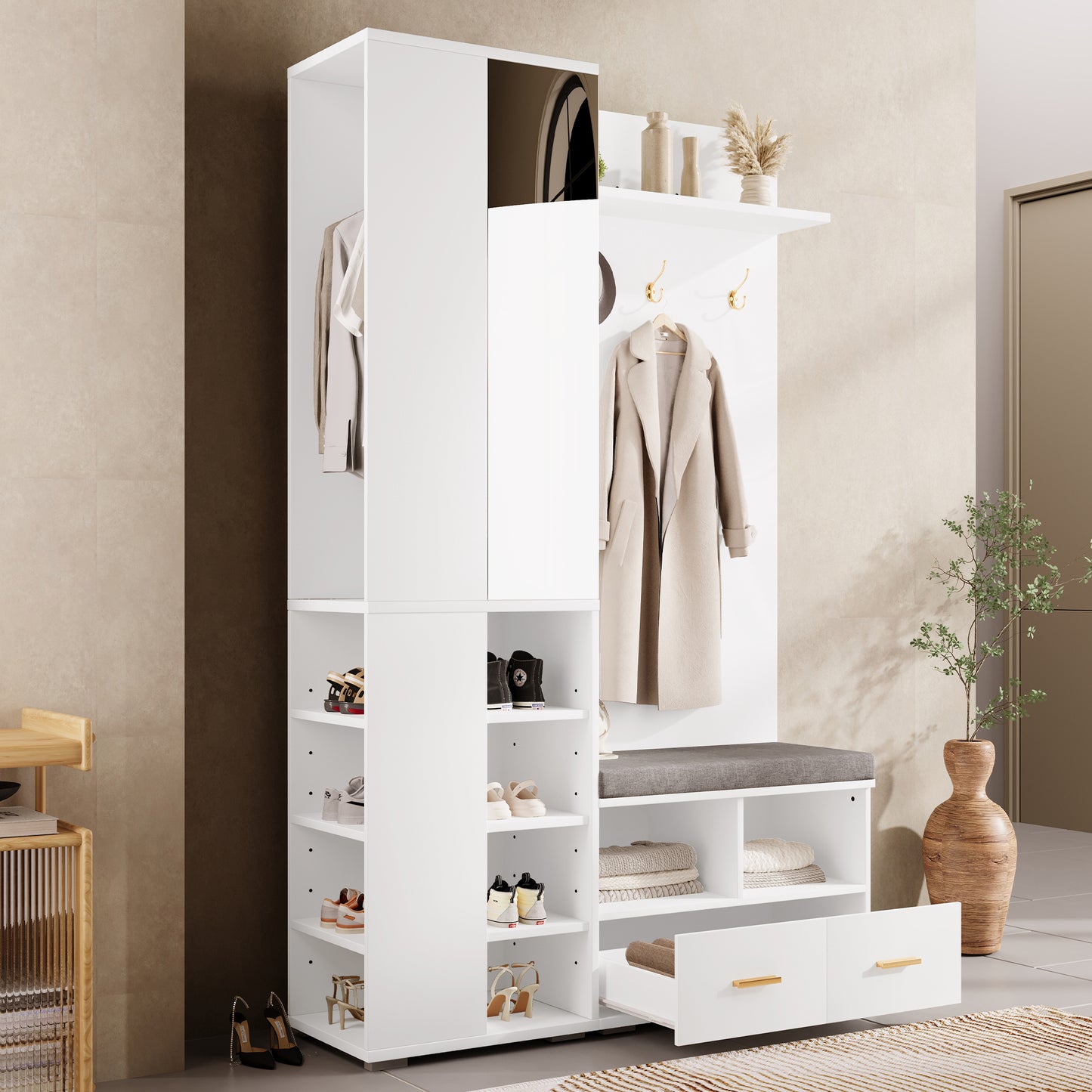 Garderobenset Weiß 120x35x190 cm mit Spiegel, Kleiderstange, Schuhbank, 3 Haken, 2 Schubladen & Ablagefach