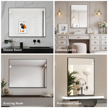70x90 cm Badezimmerspiegel mit schwarzem Aluminiumrahmen, kupferfreier HD-Spiegel, horizontal & vertikal montierbar für Bad, Flur & Ankleidezimmer