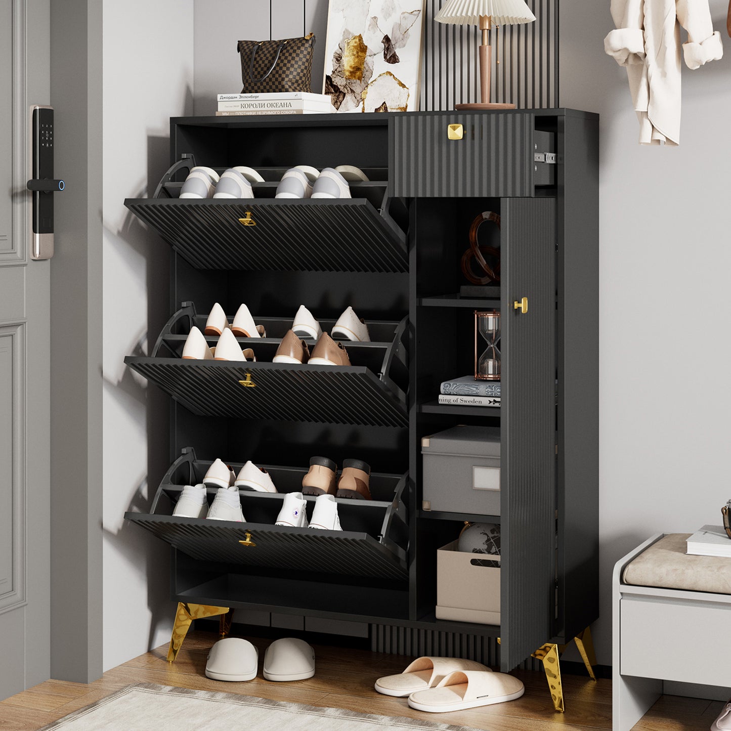 Schuhschrank mit 3 Klappen, 1 Schublade und 1 Tür, Schuhregal, Schuhkipper schmal, Schuhschrank Schwarz