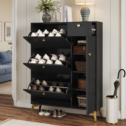 Schuhschrank mit 3 Klappen, 1 Schublade und 1 Tür, Schuhregal, Schuhkipper schmal, Schuhschrank Schwarz