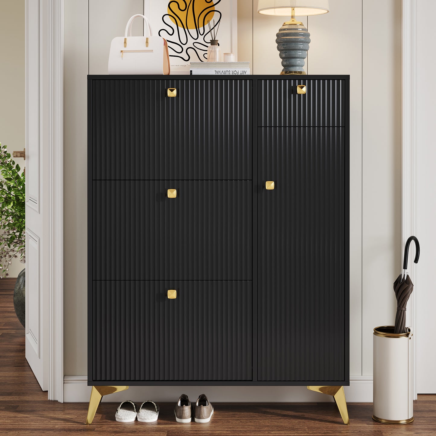 Schuhschrank mit 3 Klappen, 1 Schublade und 1 Tür, Schuhregal, Schuhkipper schmal, Schuhschrank Schwarz