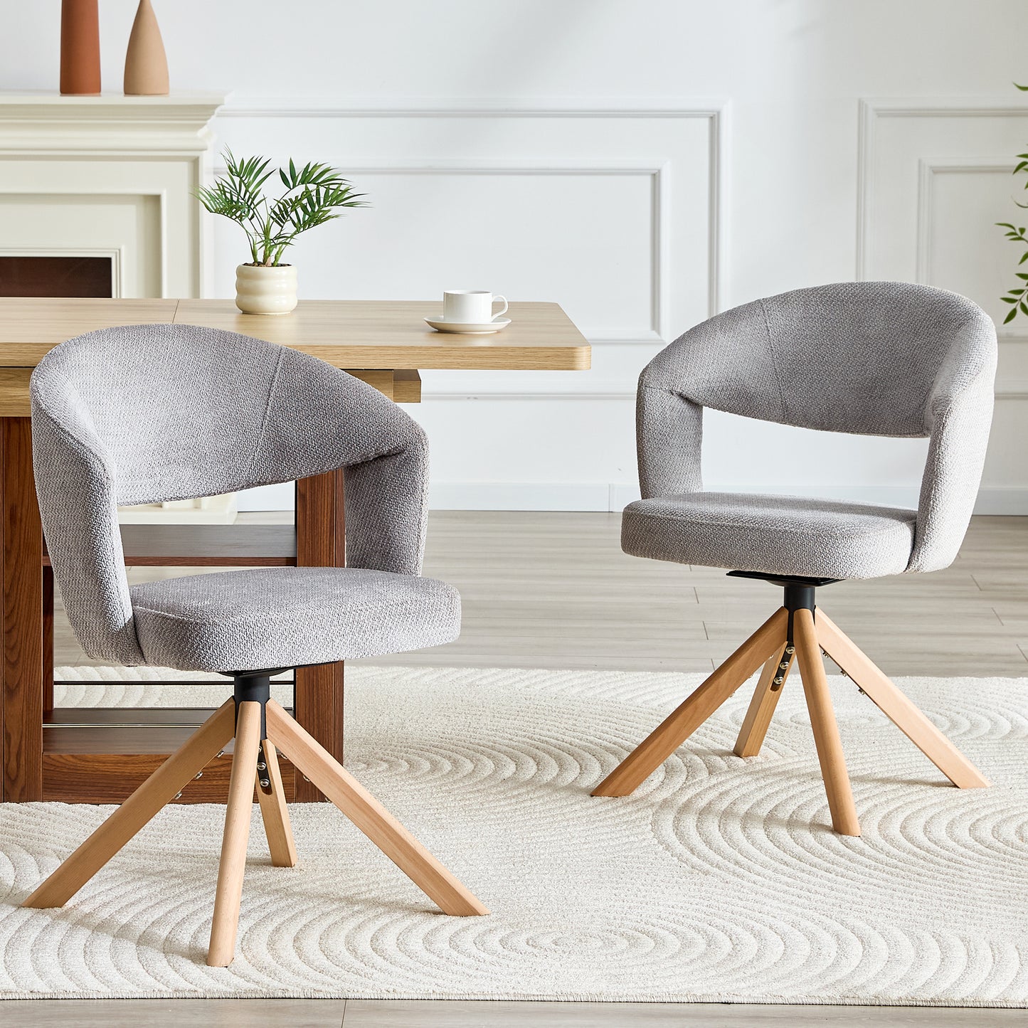 2er-Set Retro-Luxus-Drehstühle Esszimmerstühle aus Strukturstoff Grau mit Massivholzbeinen 360 Grad drehbar gepolstert mit Rückenlehne Höhe 81,5 cm