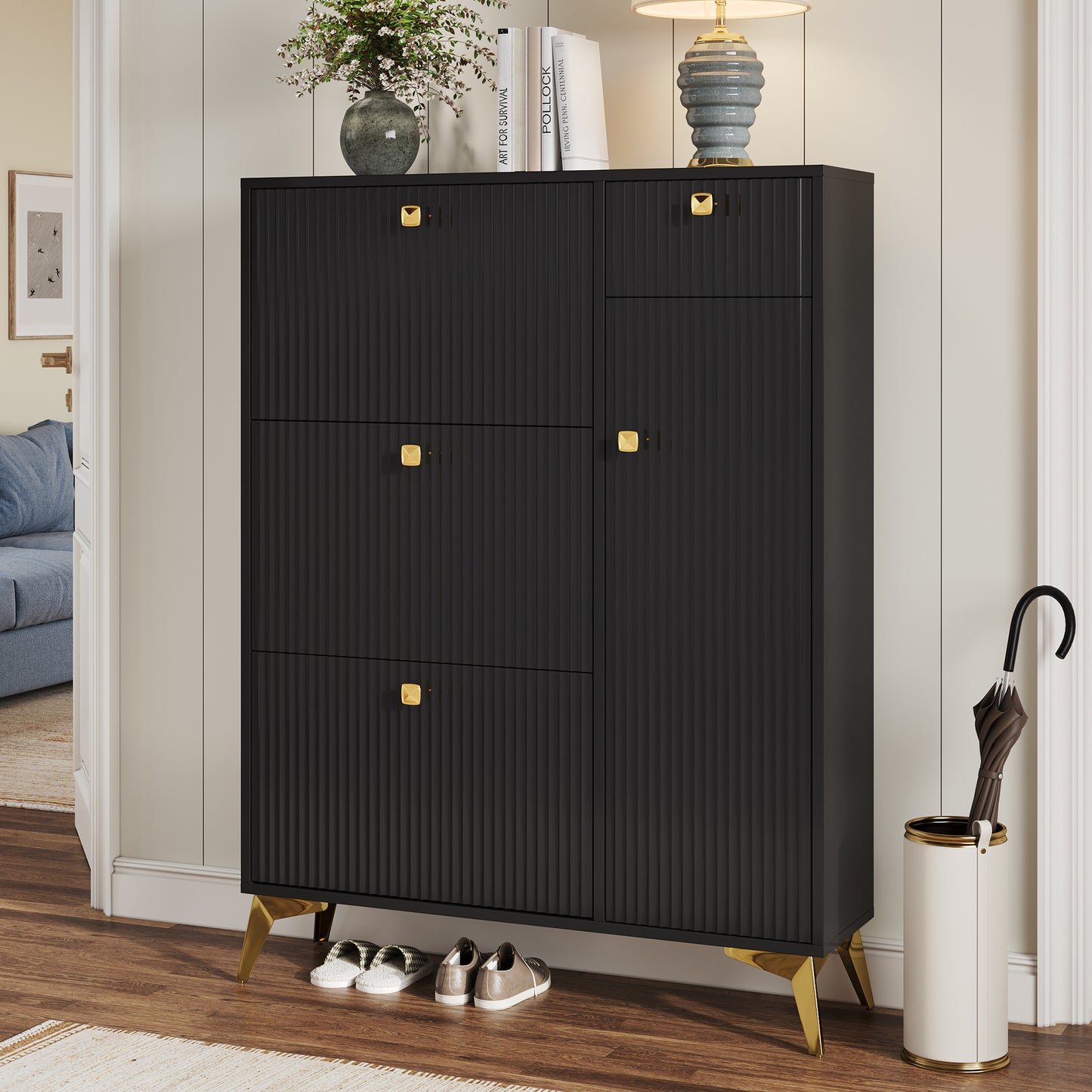 Schuhschrank mit 3 Klappen, 1 Schublade und 1 Tür, Schuhregal, Schuhkipper schmal, Schuhschrank Schwarz