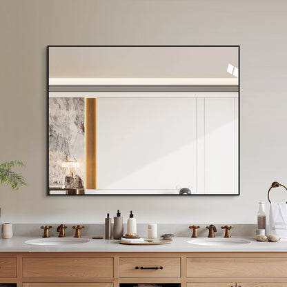 70x90 cm Badezimmerspiegel mit schwarzem Aluminiumrahmen, kupferfreier HD-Spiegel, horizontal & vertikal montierbar für Bad, Flur & Ankleidezimmer
