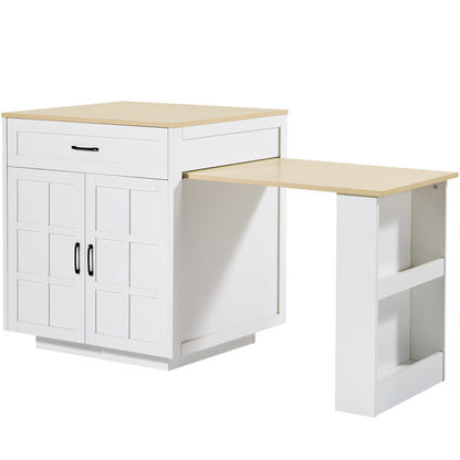 Bartisch ausziehbar 133-202cm, Kücheninsel mit Marmor-Optik & Stauraum, Esstisch für 2-6 Personen, Küchenwagen mit Schubladen & Regalen, Weiß