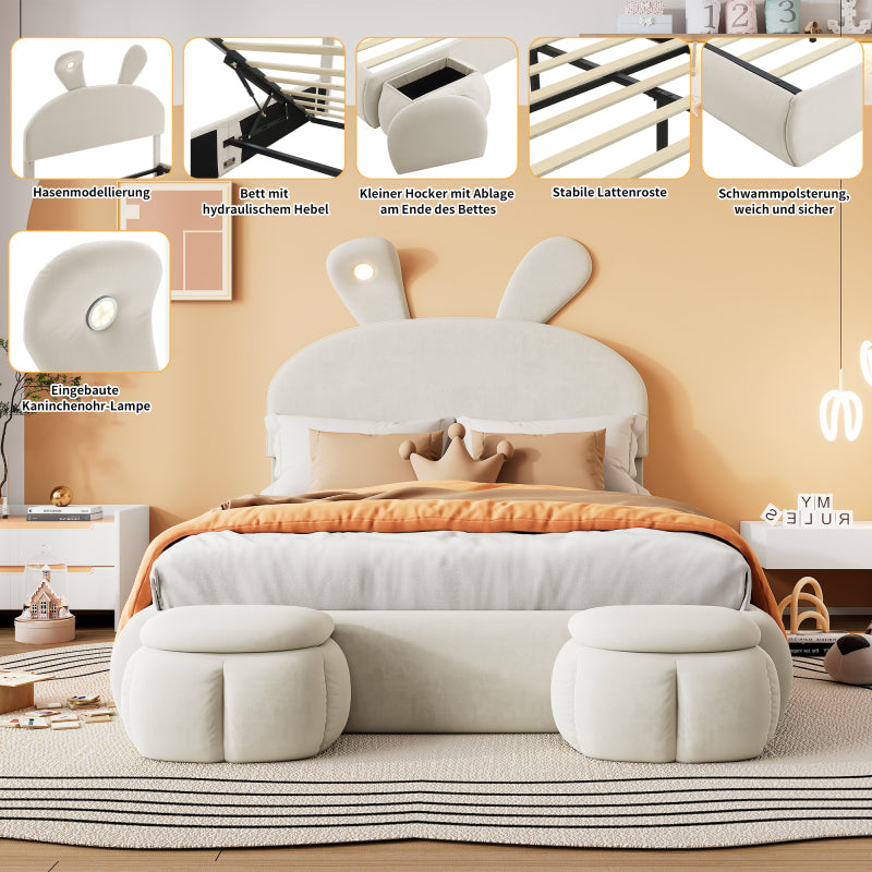 Polsterbett, Doppelbett, hydraulisches Bett, Hasenohren mit einstellbarer Helligkeit warmfarbenen Lichtstreifen, Stauraum unter dem Bett, zwei Aufbewahrungshockern, Samt, Beige, 140x200cm