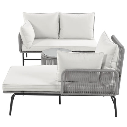 Gartenlounge-Set, Gartenmöbel-Set, Mit Eisenrahmen und grauem Seil, Gartenmöbel aus gewebtem Seil für den Außenbereich, Grau, Zwei Sessel, zwei 2-Sitzer-Sofas und zwei Tische (alle Kissen inklusive)